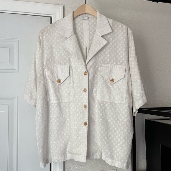 RHODE white semi sheer floral textured short sleeve button up oversized boxy - Picture 1 of 5